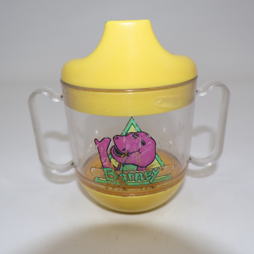 Lyons Sippy‎ Cup Unisex Kids OS Yellow Vintage 90s Barney Dinosaur Dual Handle